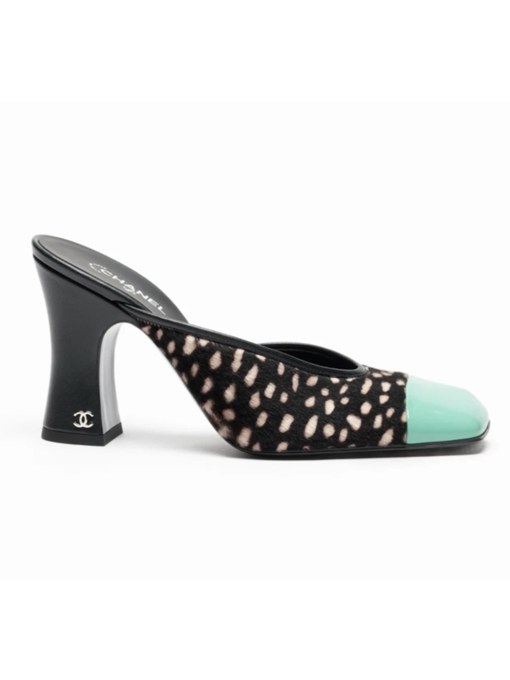 Chanel 26S Blazy Black White Pony Fur Green Square Toe Block Heel Pump Mule 36
